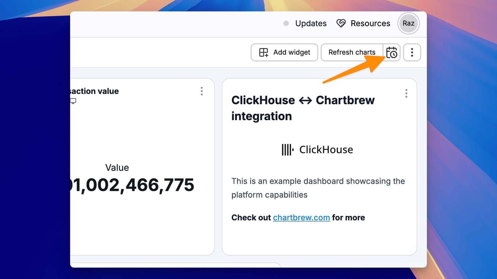 Настройки обновления набора данных Chartbrew