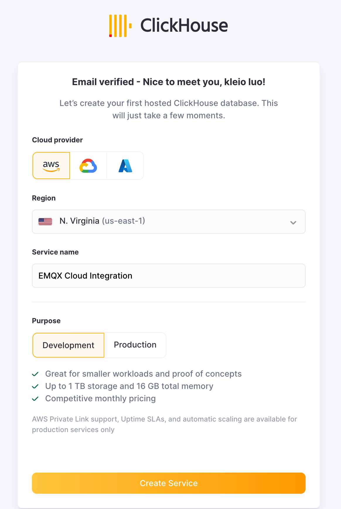 Интерфейс развертывания службы ClickHouse Cloud, показывающий выбор региона AWS