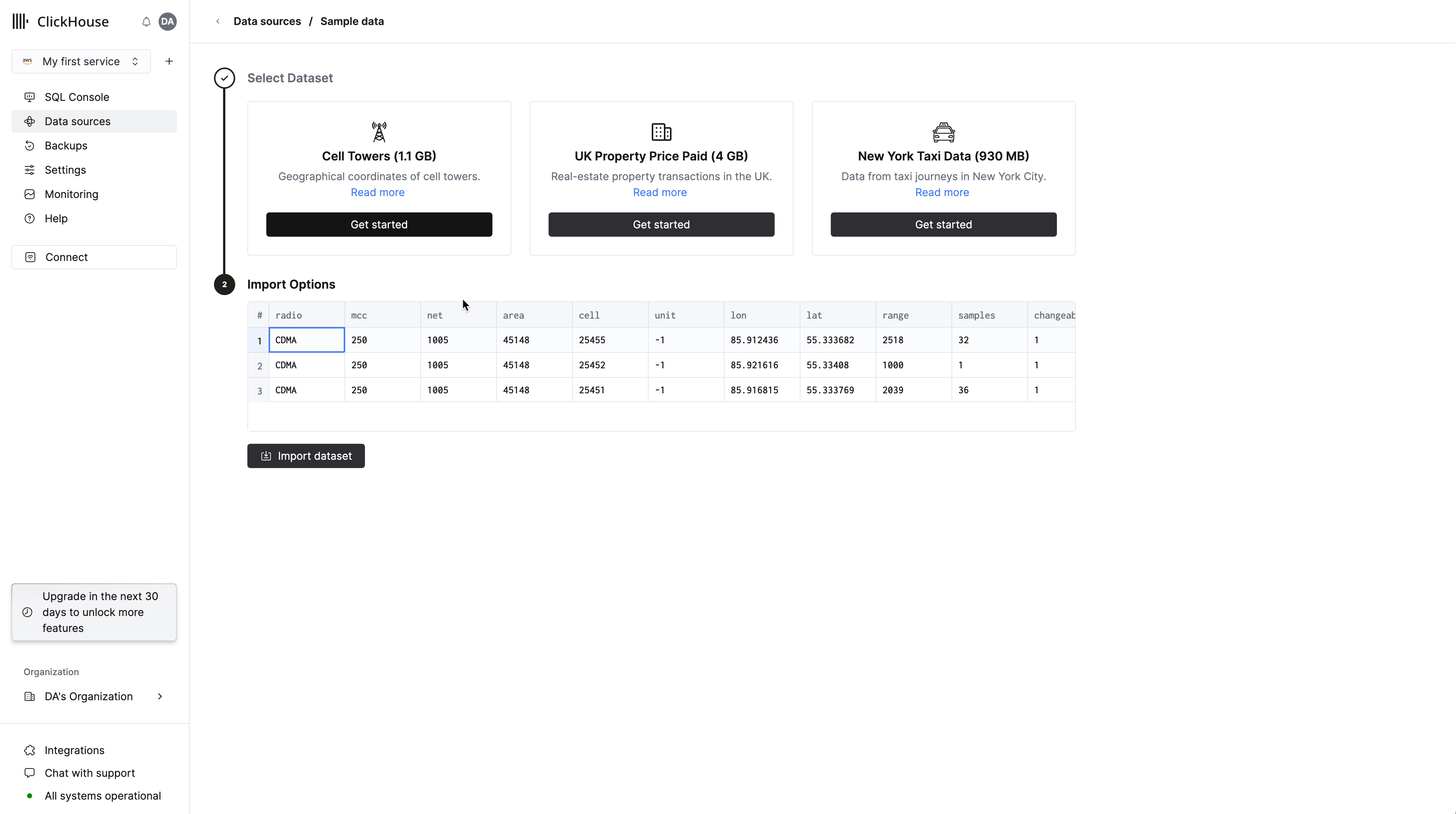 Загрузка набора данных сотовых вышек