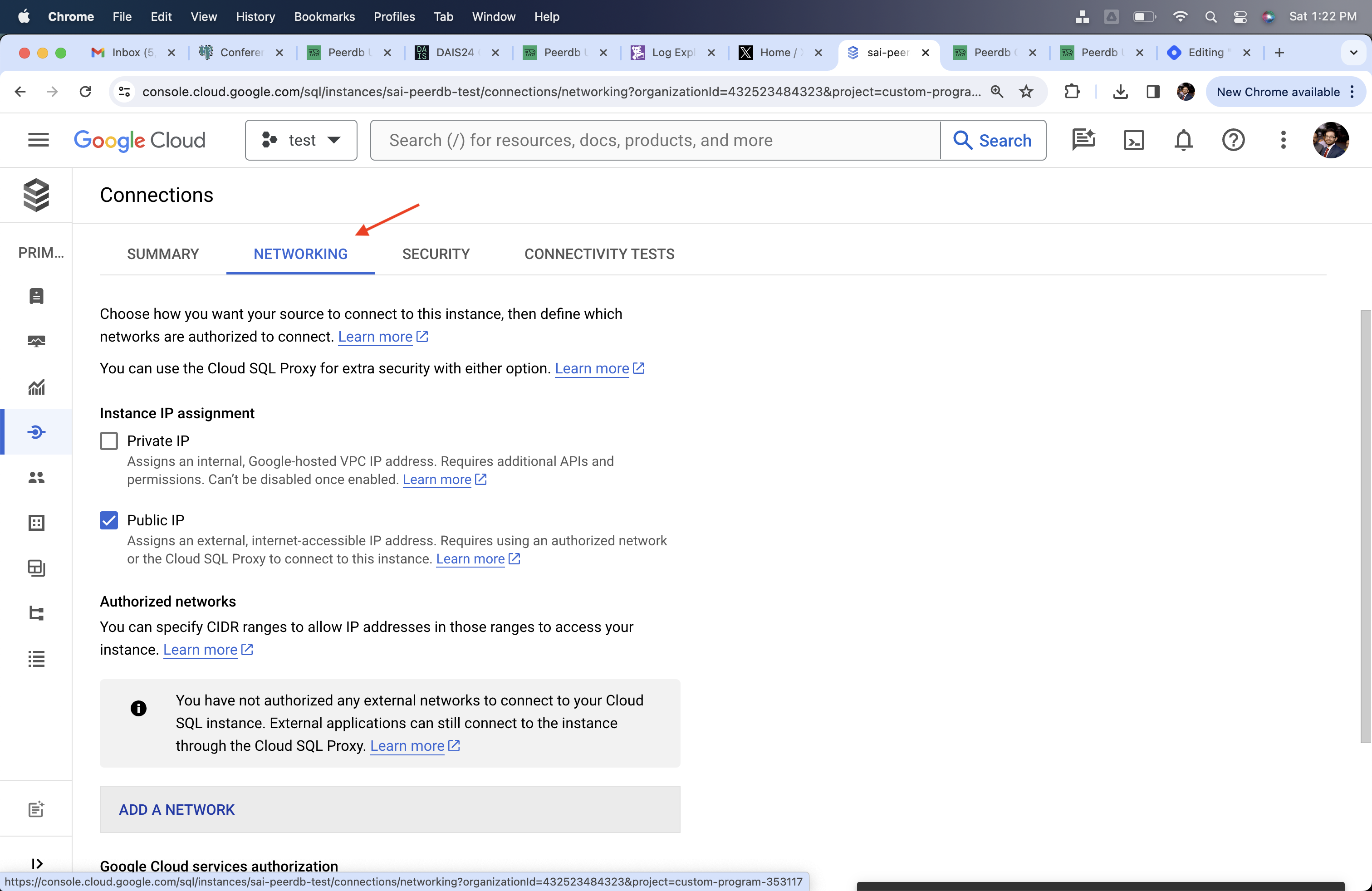 Подраздел Сеть в Cloud SQL