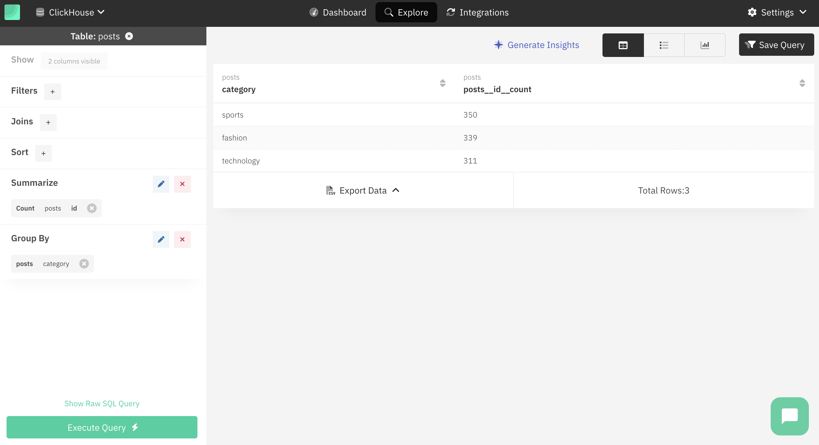 Интерфейс исследования данных Draxlr с опциями фильтрации и сортировки
