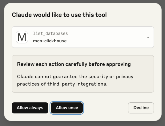 Предоставить разрешение на использование инструмента list_databases