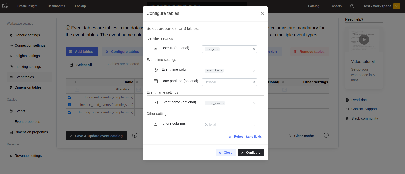 Конфигурация каталога событий Mitzu с опциями сопоставления колонок