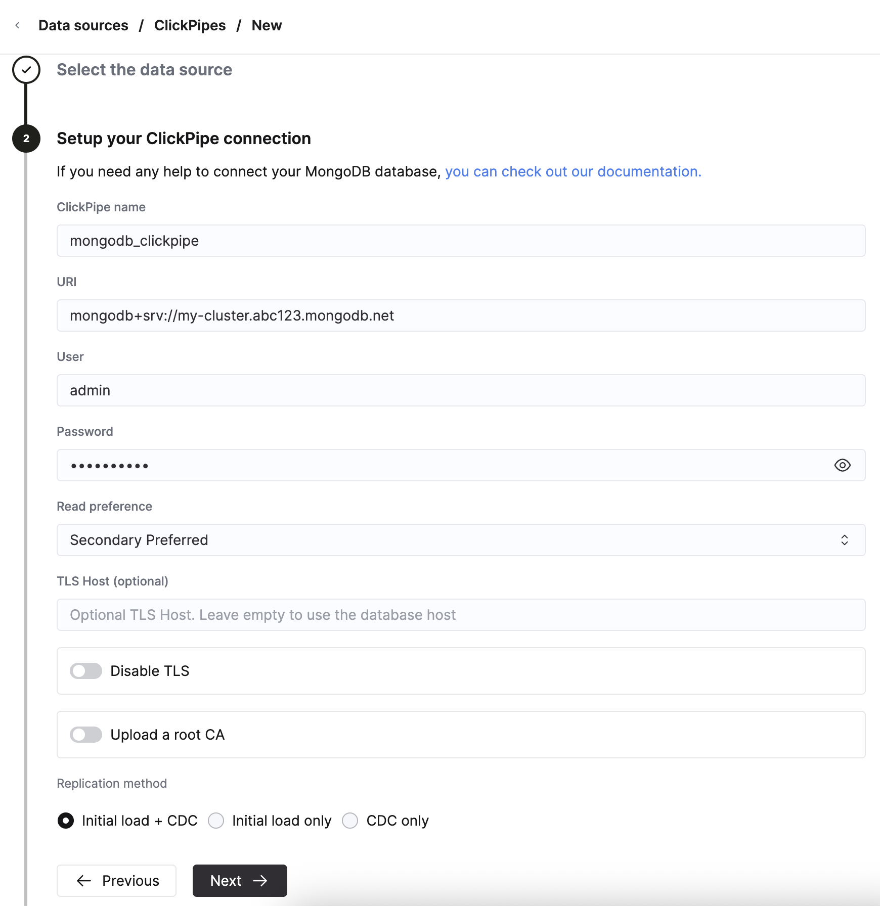 Заполните данные подключения