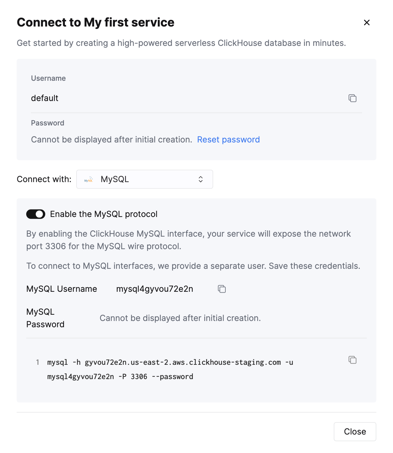 Экран подключения ClickHouse Cloud с включенным MySQL интерфейсом и показанными деталями подключения