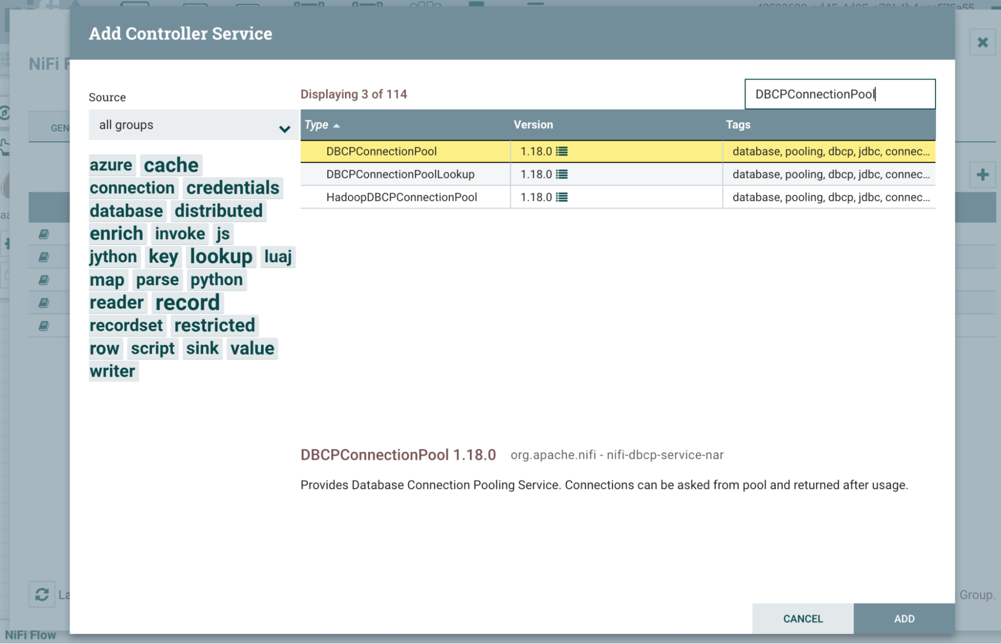 Диалог выбора службы контроллера с выделенным DBCPConnectionPool