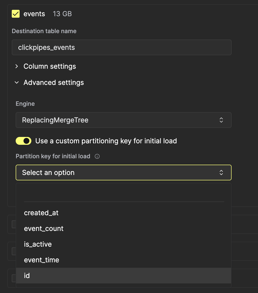Колонка ключа партиции