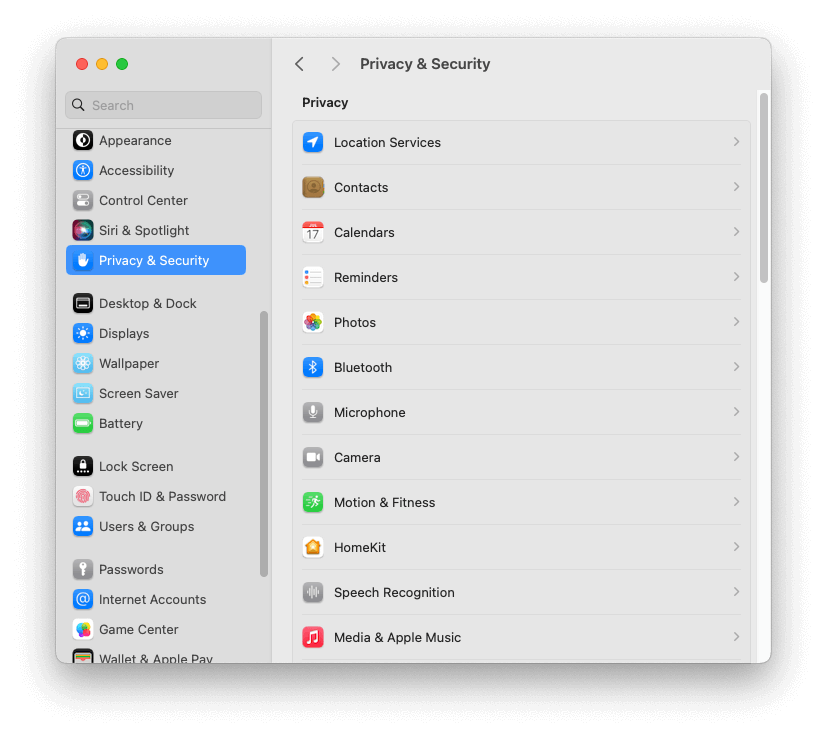MacOS Privacy & Security settings default view