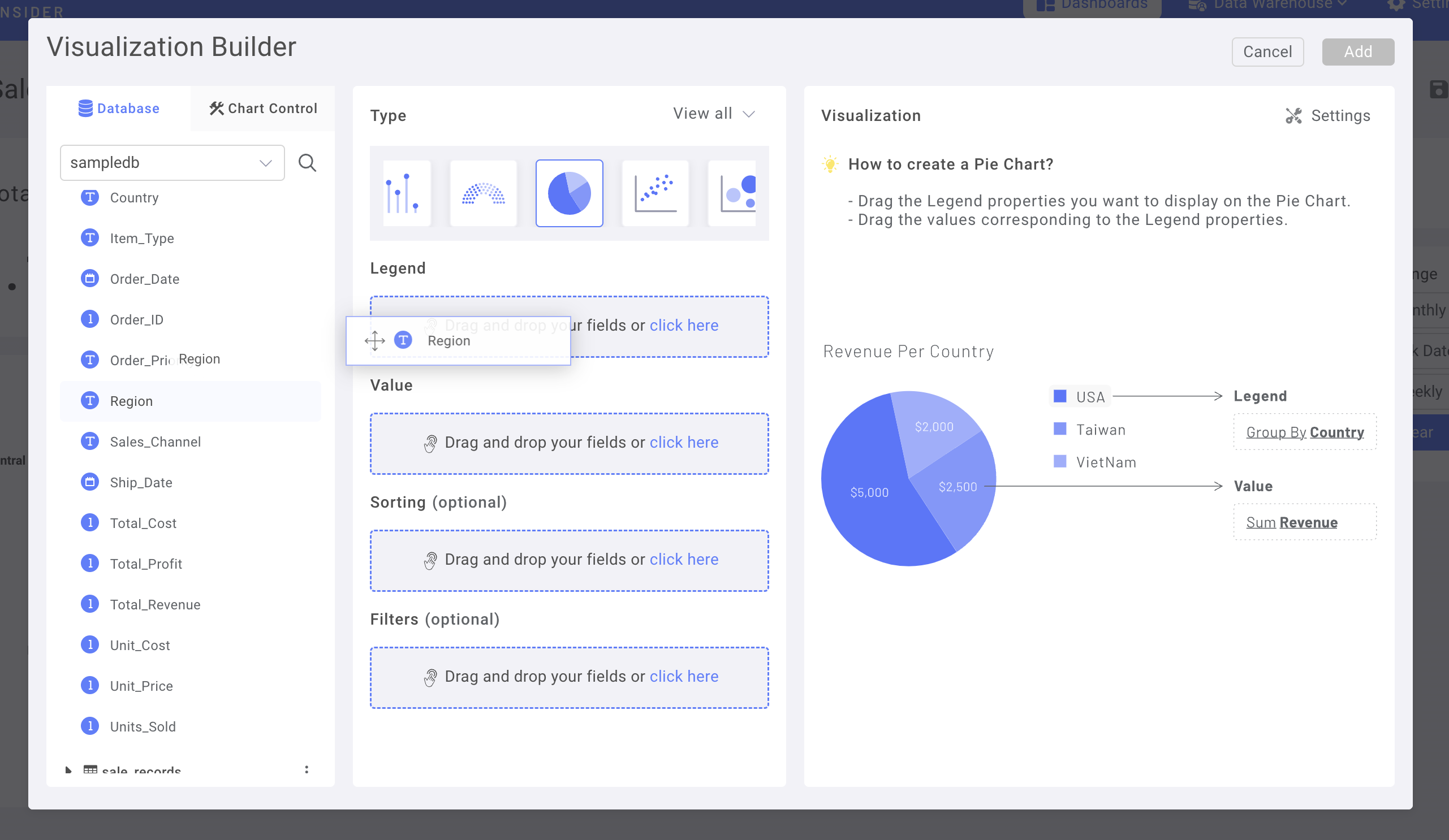 Интерфейс перетаскивания, показывающий добавление колонки Регион в поле легенды