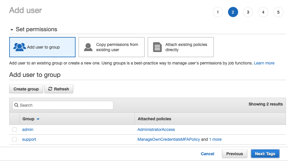 Пропуск назначения группы для пользователя IAM