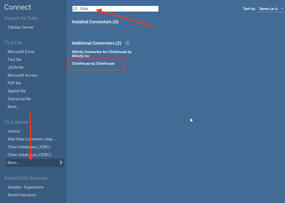 Экран под�ключения Tableau, показывающий меню выбора соединителя с выделенной опцией ClickHouse by ClickHouse