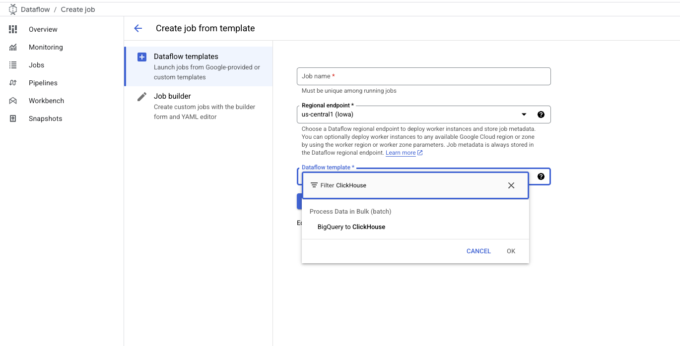 Select BigQuery to ClickHouse template
